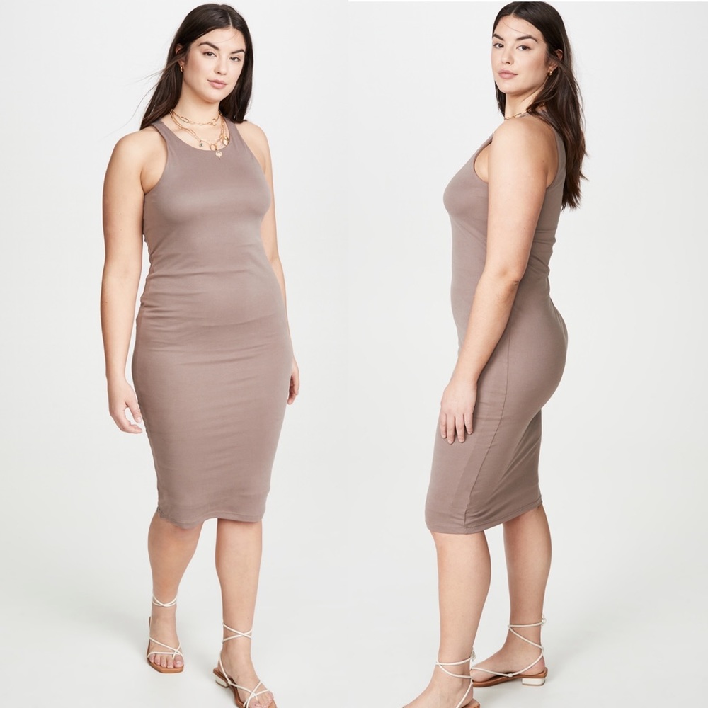 Good American Microrib Sleeveless Shaping Midi Bodycon Dress Latte Size 5/XXL